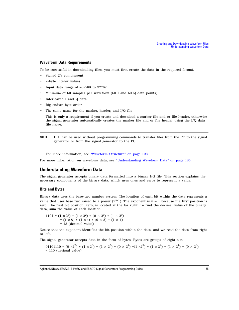 Waveform data requirements, Understanding waveform data, Bits and bytes | Agilent Technologies N5183A MXG User Manual | Page 195 / 366