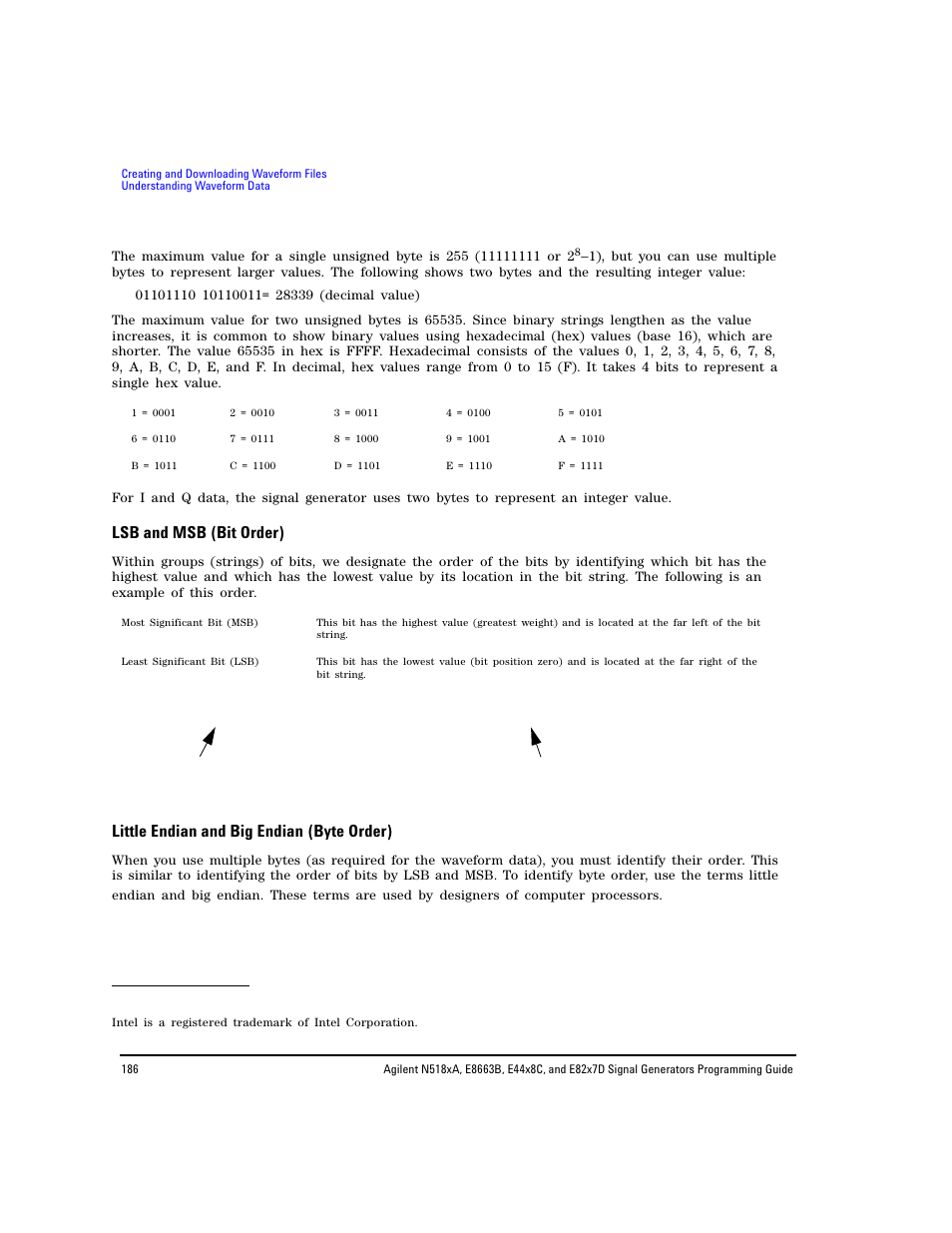 Lsb and msb (bit order), Little endian and big endian (byte order) | Agilent Technologies N5183A MXG User Manual | Page 196 / 366