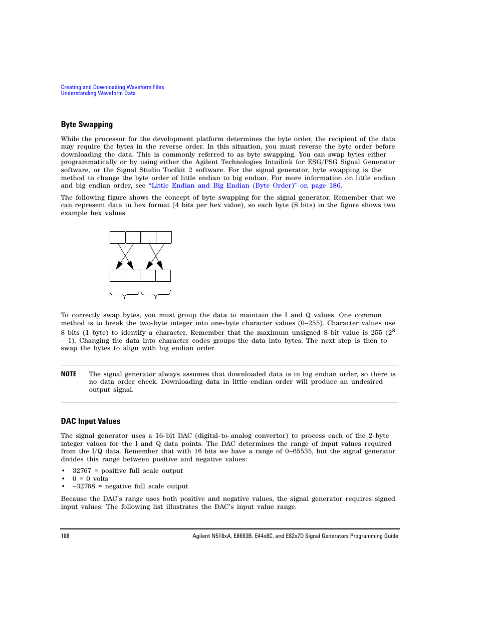 Byte swapping, Dac input values | Agilent Technologies N5183A MXG User Manual | Page 198 / 366