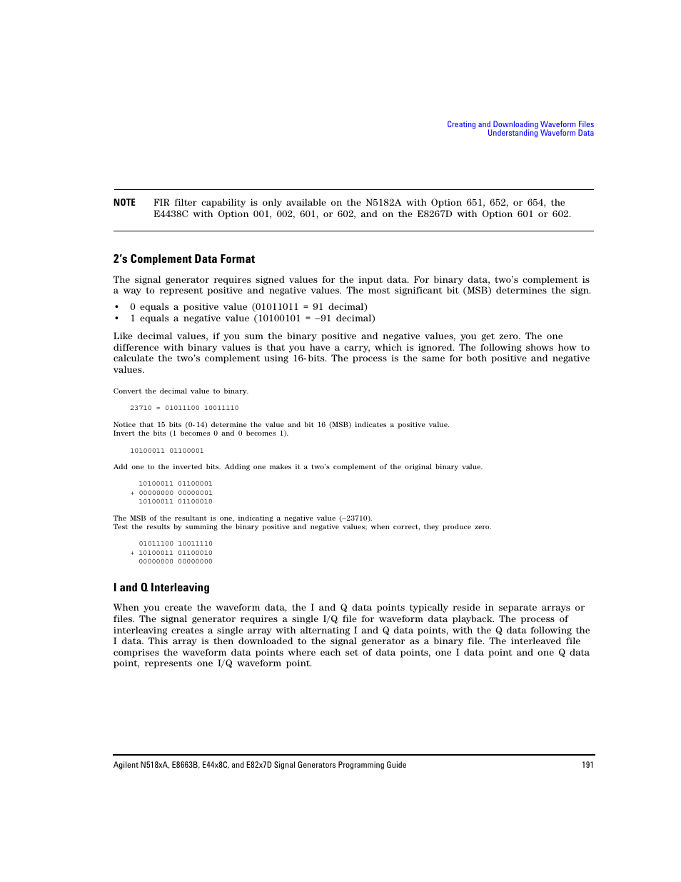 2’s complement data format, I and q interleaving | Agilent Technologies N5183A MXG User Manual | Page 201 / 366