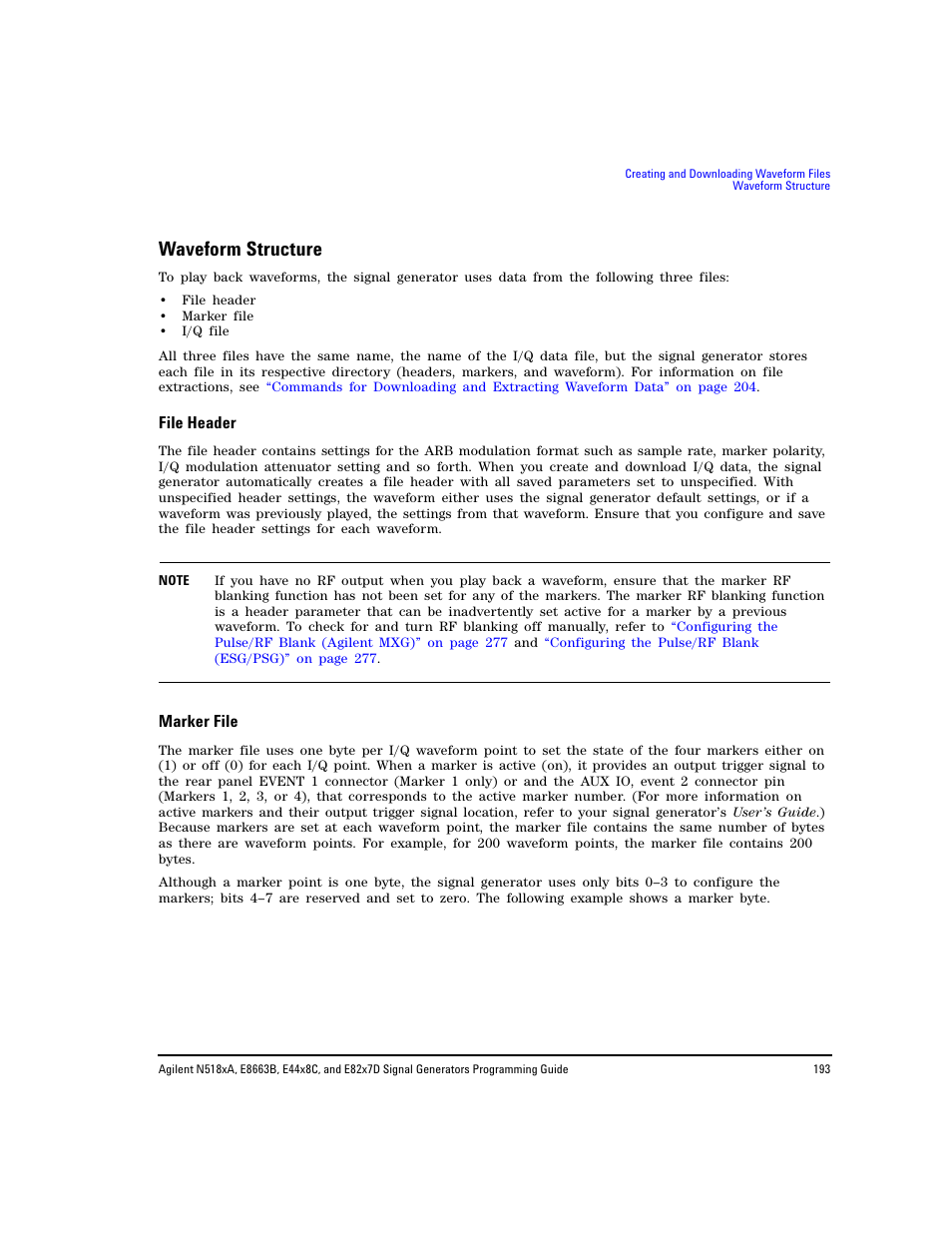 Waveform structure, File header, Marker file | Agilent Technologies N5183A MXG User Manual | Page 203 / 366