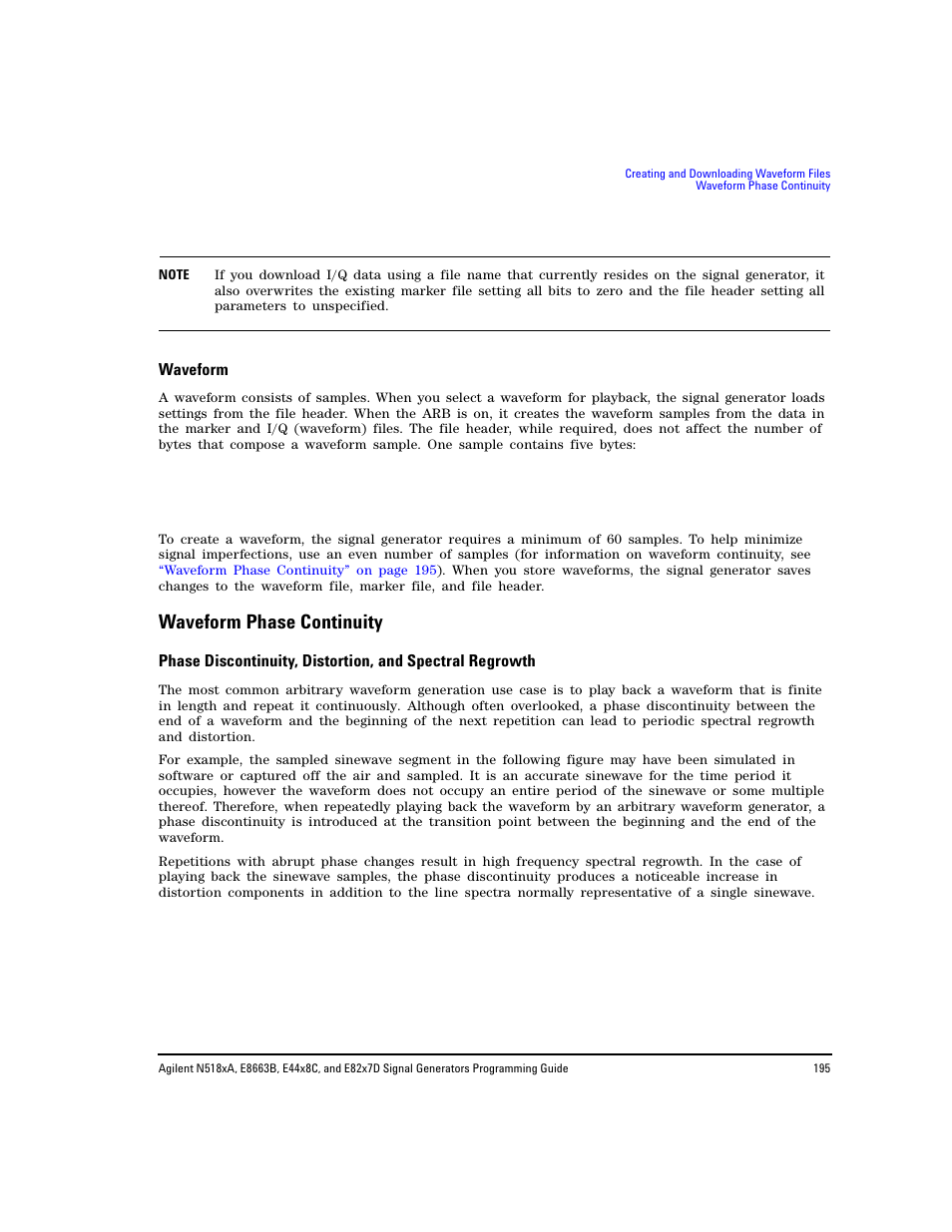 Waveform, Waveform phase continuity | Agilent Technologies N5183A MXG User Manual | Page 205 / 366