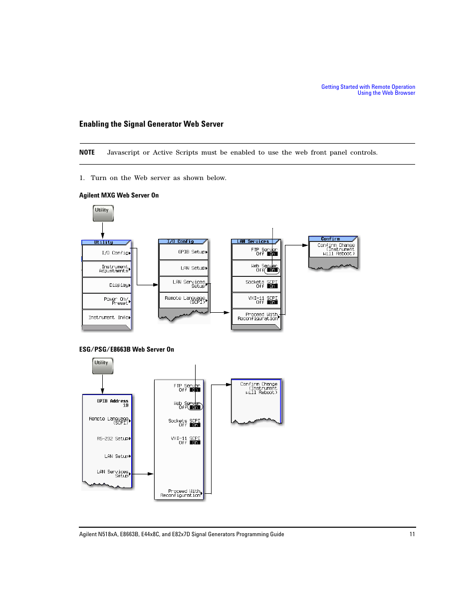 Enabling the signal generator web server, Enabling the signal | Agilent Technologies N5183A MXG User Manual | Page 21 / 366