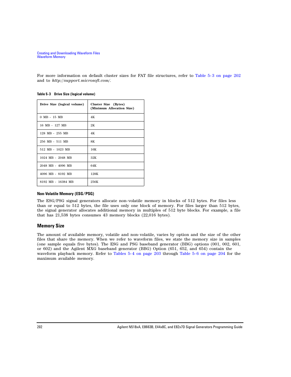 Memory size, Table 5- 3 | Agilent Technologies N5183A MXG User Manual | Page 212 / 366