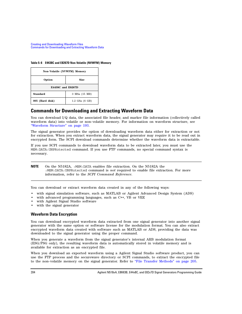 Waveform data encryption, Commands for, Commands for downloading and extracting | Agilent Technologies N5183A MXG User Manual | Page 214 / 366