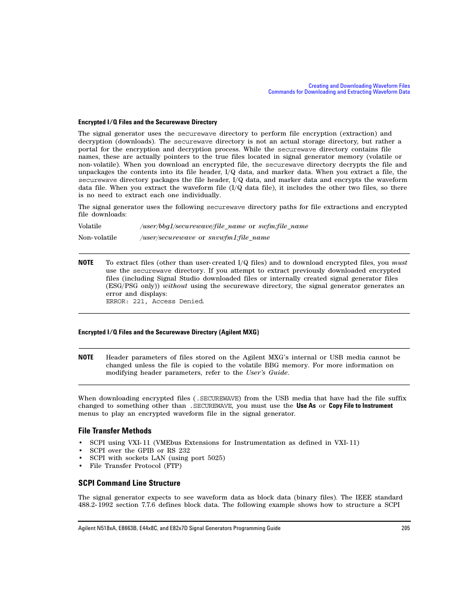 File transfer methods, Scpi command line structure | Agilent Technologies N5183A MXG User Manual | Page 215 / 366