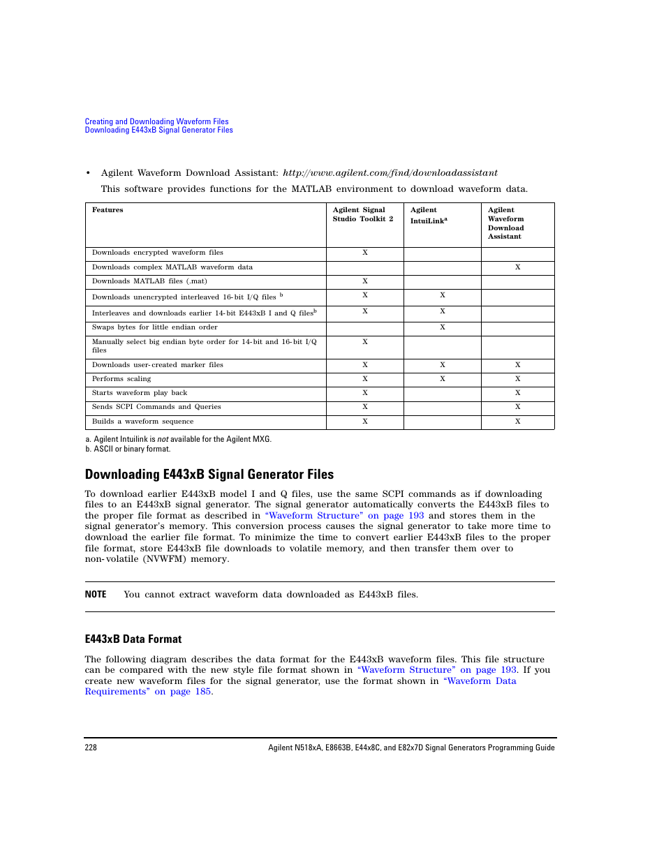 Downloading e443xb signal generator files, E443xb data format | Agilent Technologies N5183A MXG User Manual | Page 238 / 366