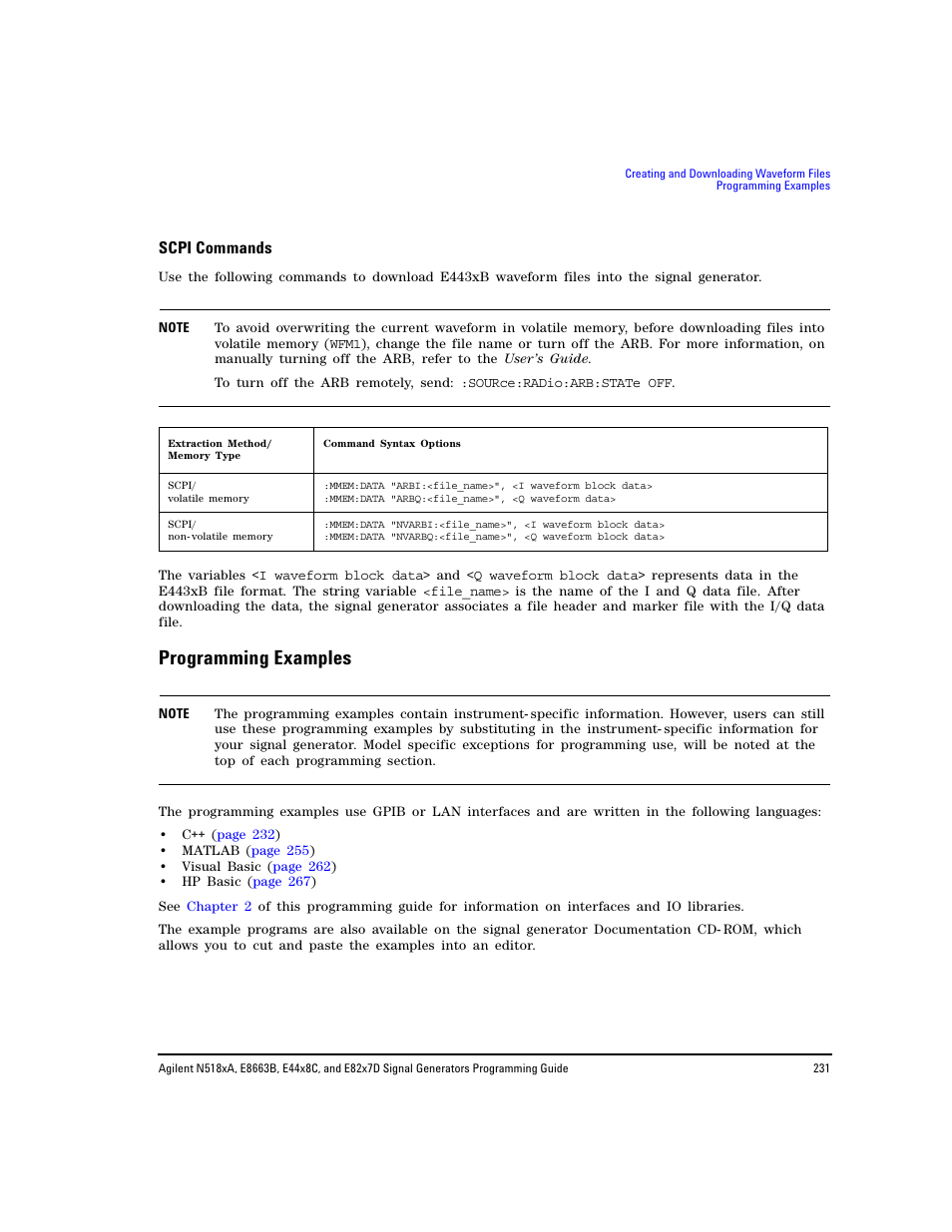 Scpi commands, Programming examples, Programming | Agilent Technologies N5183A MXG User Manual | Page 241 / 366