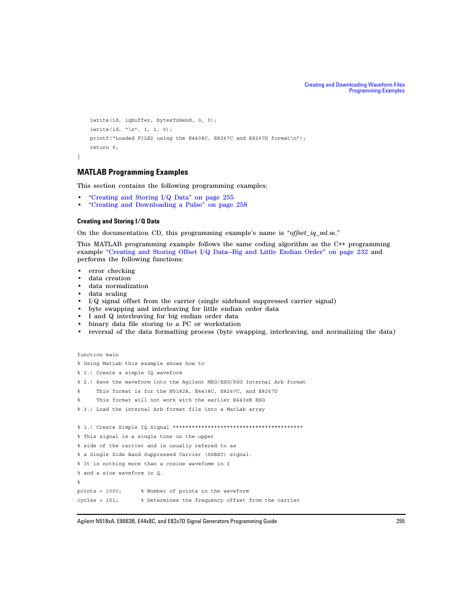 Matlab programming examples | Agilent Technologies N5183A MXG User Manual | Page 265 / 366