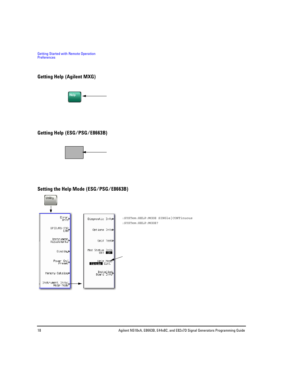 Getting help (agilent mxg), Getting help (esg/psg/e8663b), Setting the help mode (esg/psg/e8663b) | Agilent Technologies N5183A MXG User Manual | Page 28 / 366