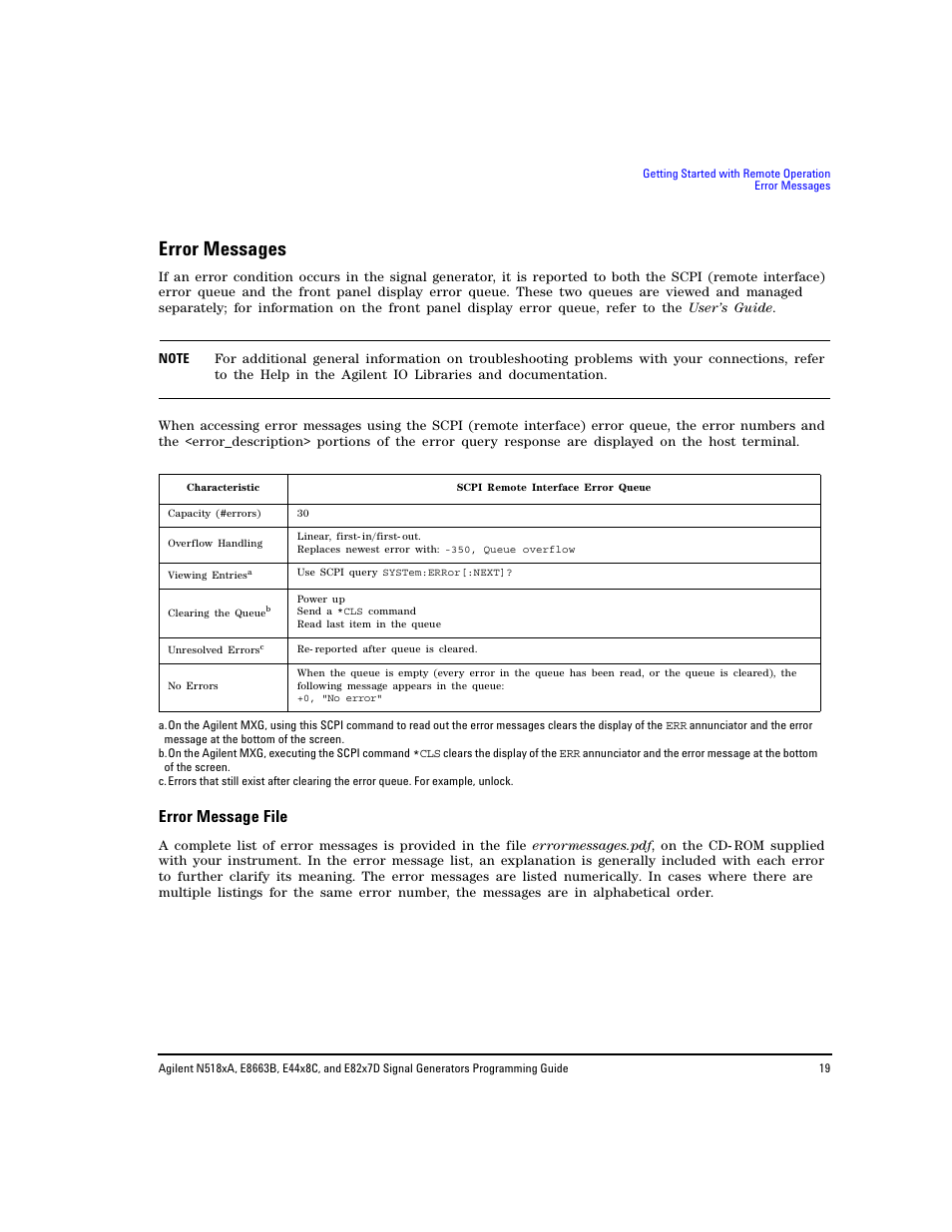 Error messages, Error message file | Agilent Technologies N5183A MXG User Manual | Page 29 / 366