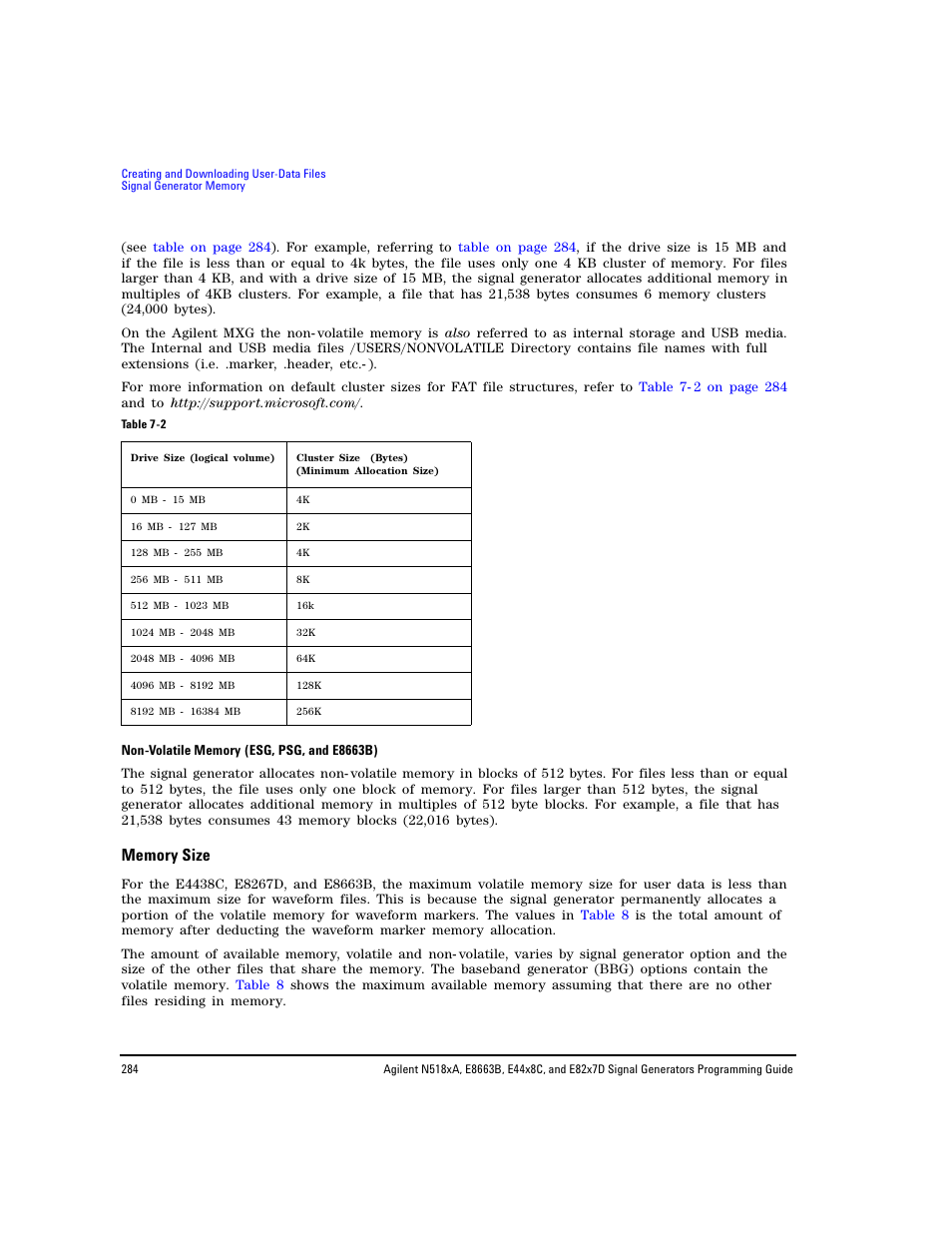 Memory size | Agilent Technologies N5183A MXG User Manual | Page 294 / 366