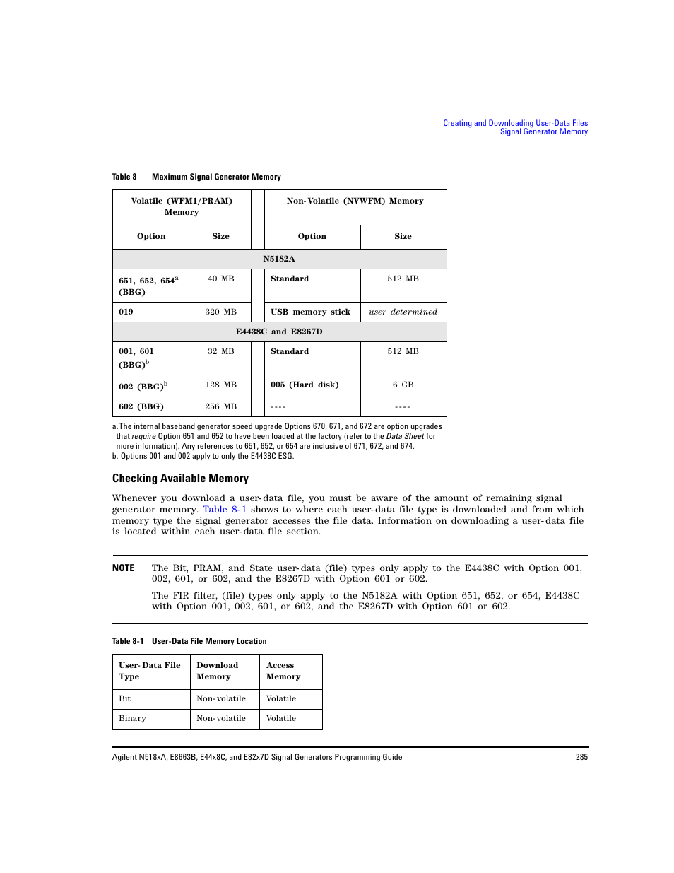 Checking available memory, Table 8 | Agilent Technologies N5183A MXG User Manual | Page 295 / 366