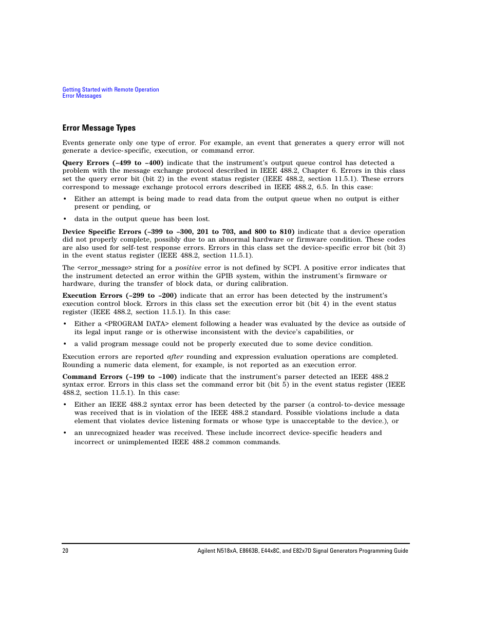 Error message types | Agilent Technologies N5183A MXG User Manual | Page 30 / 366