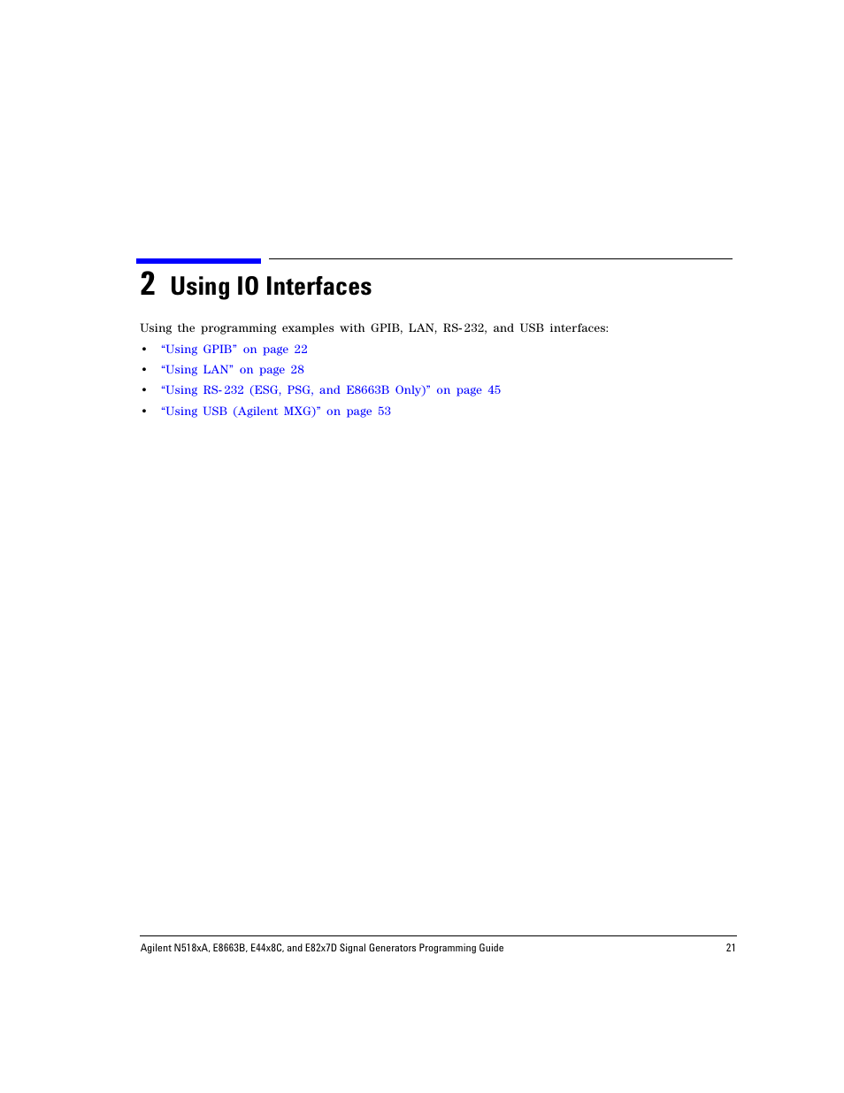 2 using io interfaces, Using io interfaces | Agilent Technologies N5183A MXG User Manual | Page 31 / 366