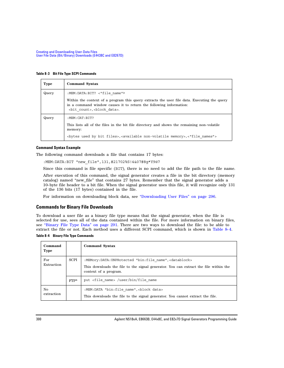 Commands for binary file downloads | Agilent Technologies N5183A MXG User Manual | Page 310 / 366