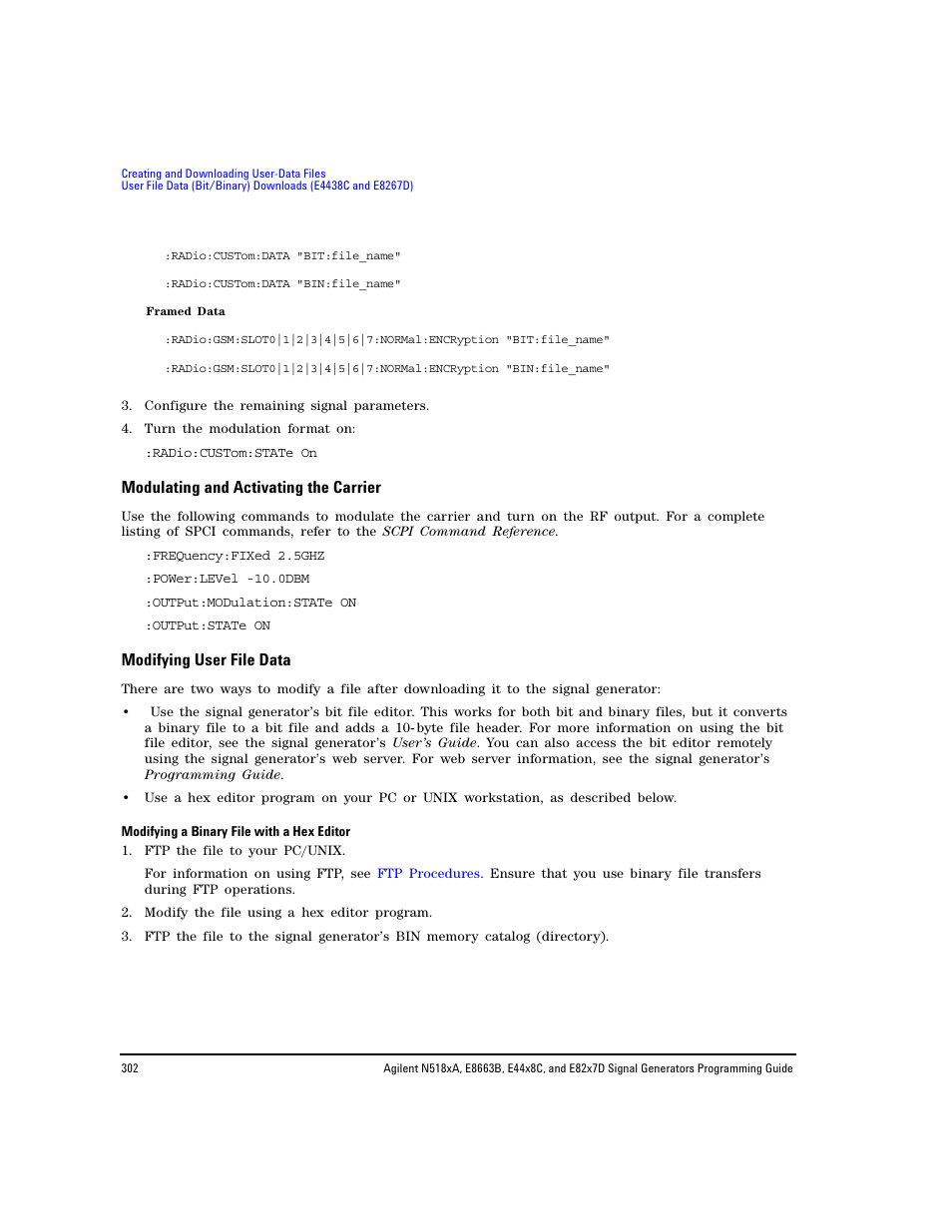 Modulating and activating the carrier, Modifying user file data | Agilent Technologies N5183A MXG User Manual | Page 312 / 366