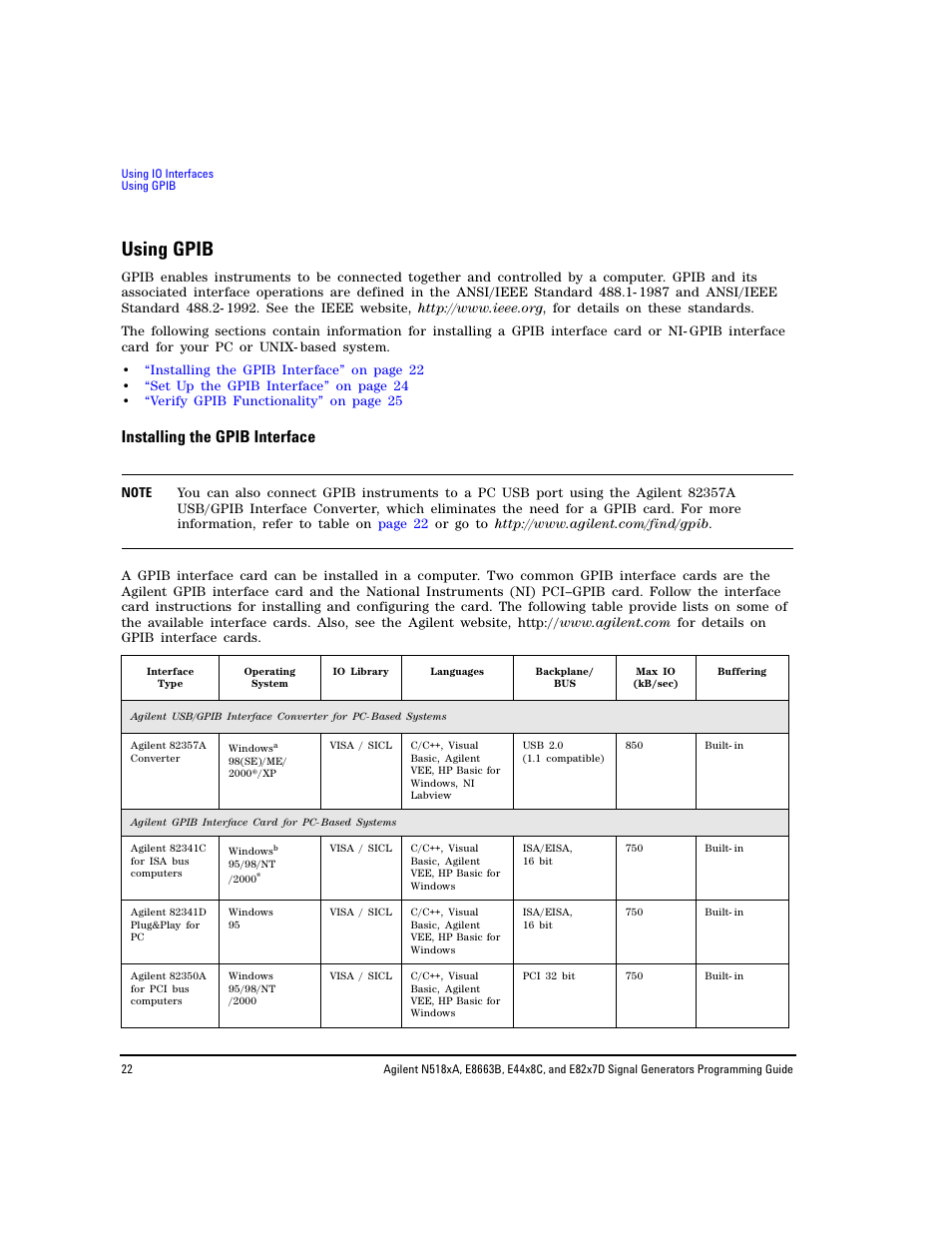 Using gpib, Installing the gpib interface | Agilent Technologies N5183A MXG User Manual | Page 32 / 366