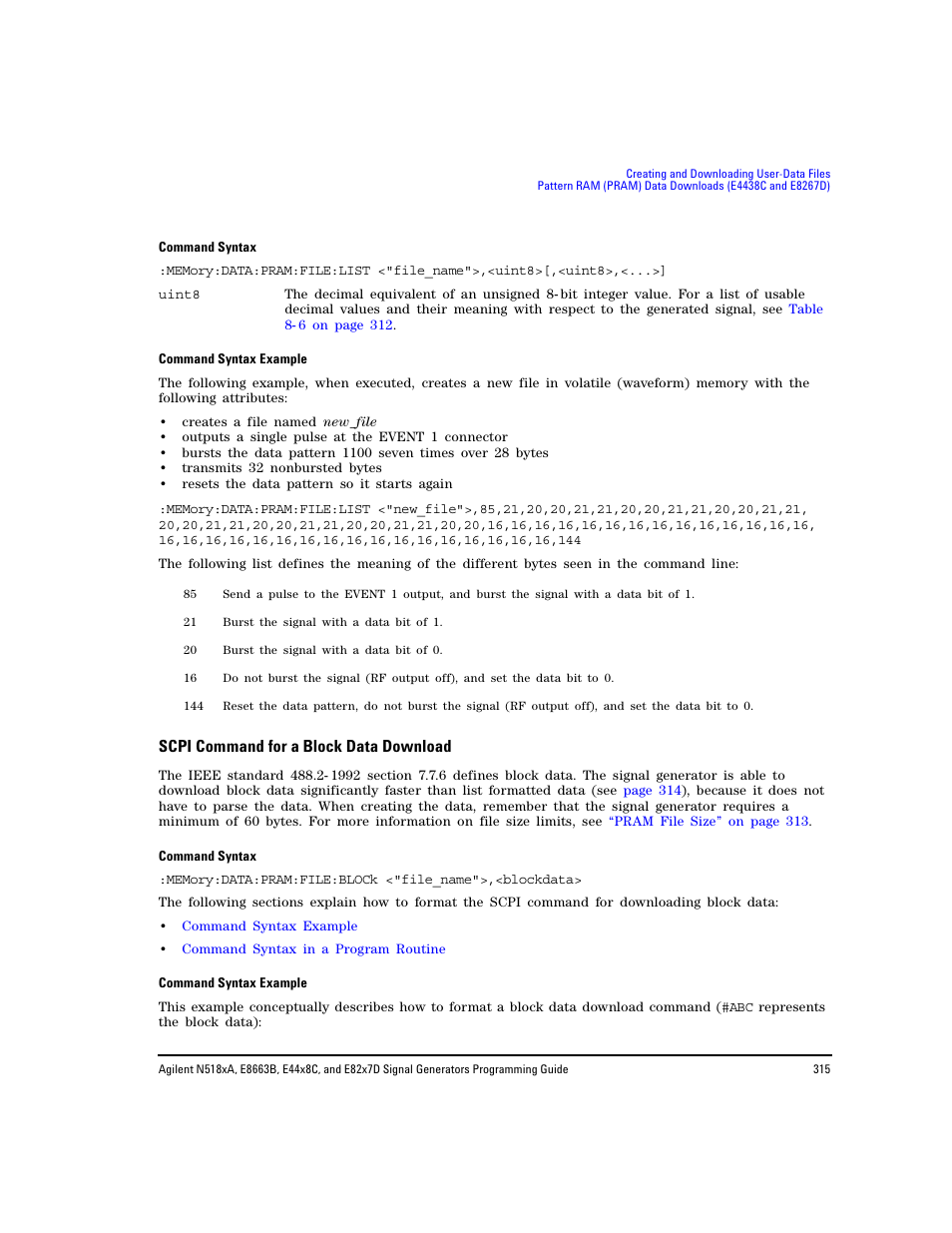 Scpi command for a block data download | Agilent Technologies N5183A MXG User Manual | Page 325 / 366