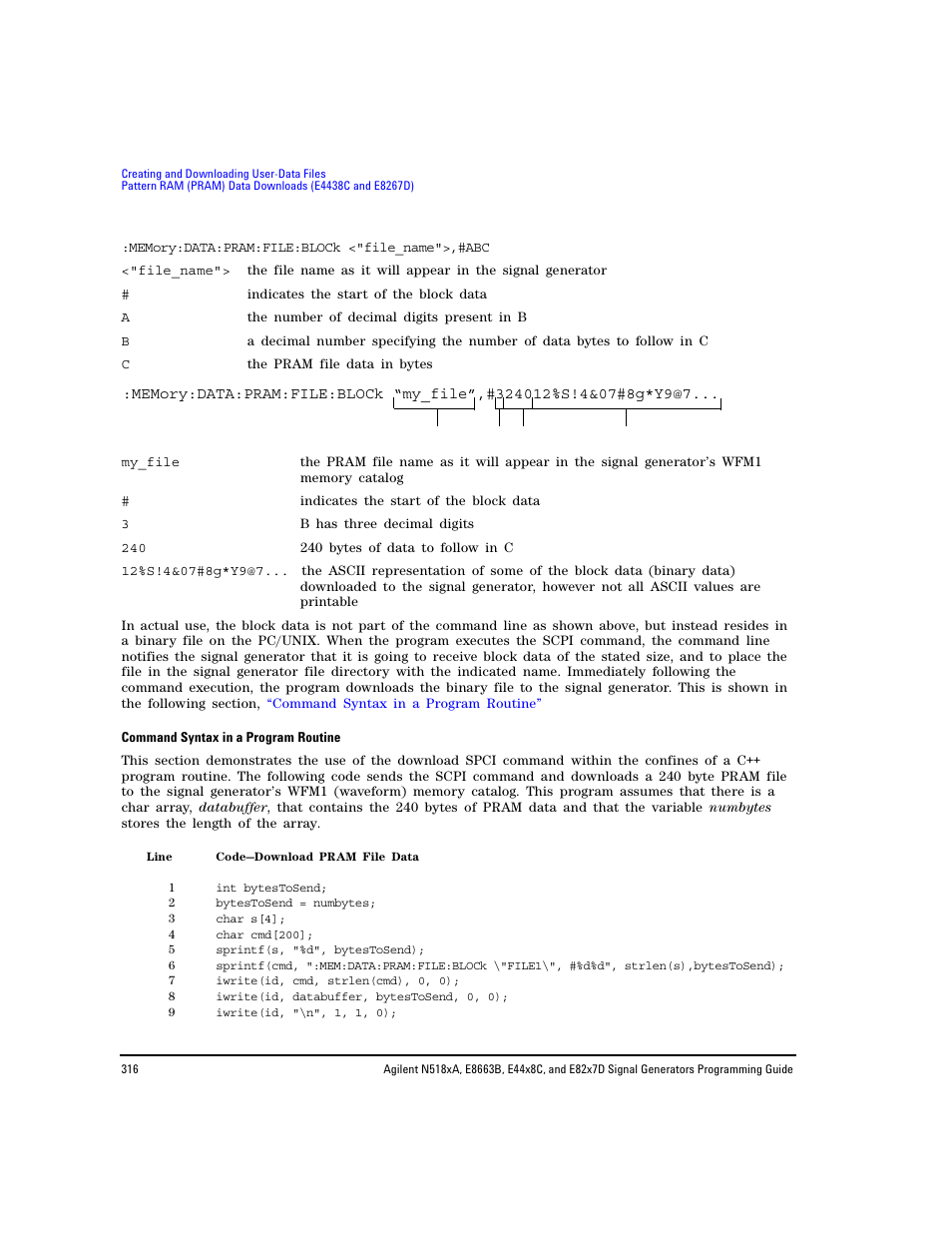 Command syntax in a program routine | Agilent Technologies N5183A MXG User Manual | Page 326 / 366