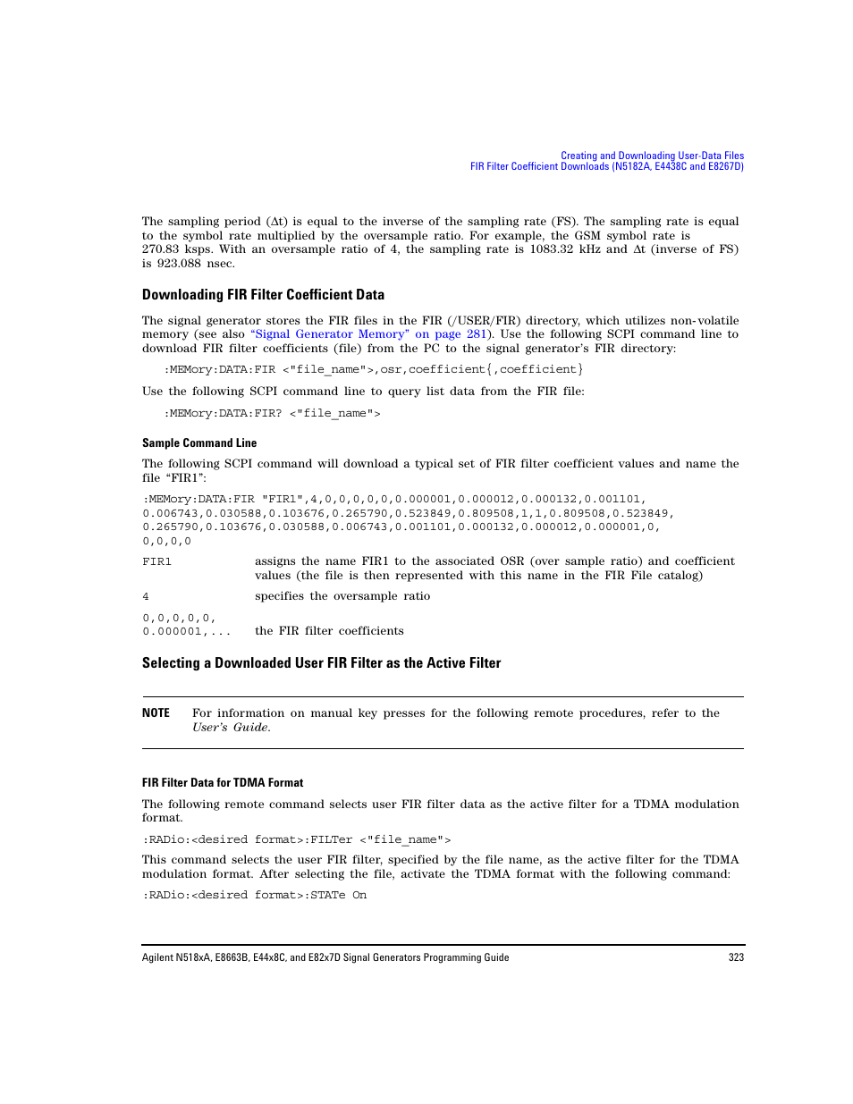 Downloading fir filter coefficient data, E. see, Sample | Command line | Agilent Technologies N5183A MXG User Manual | Page 333 / 366