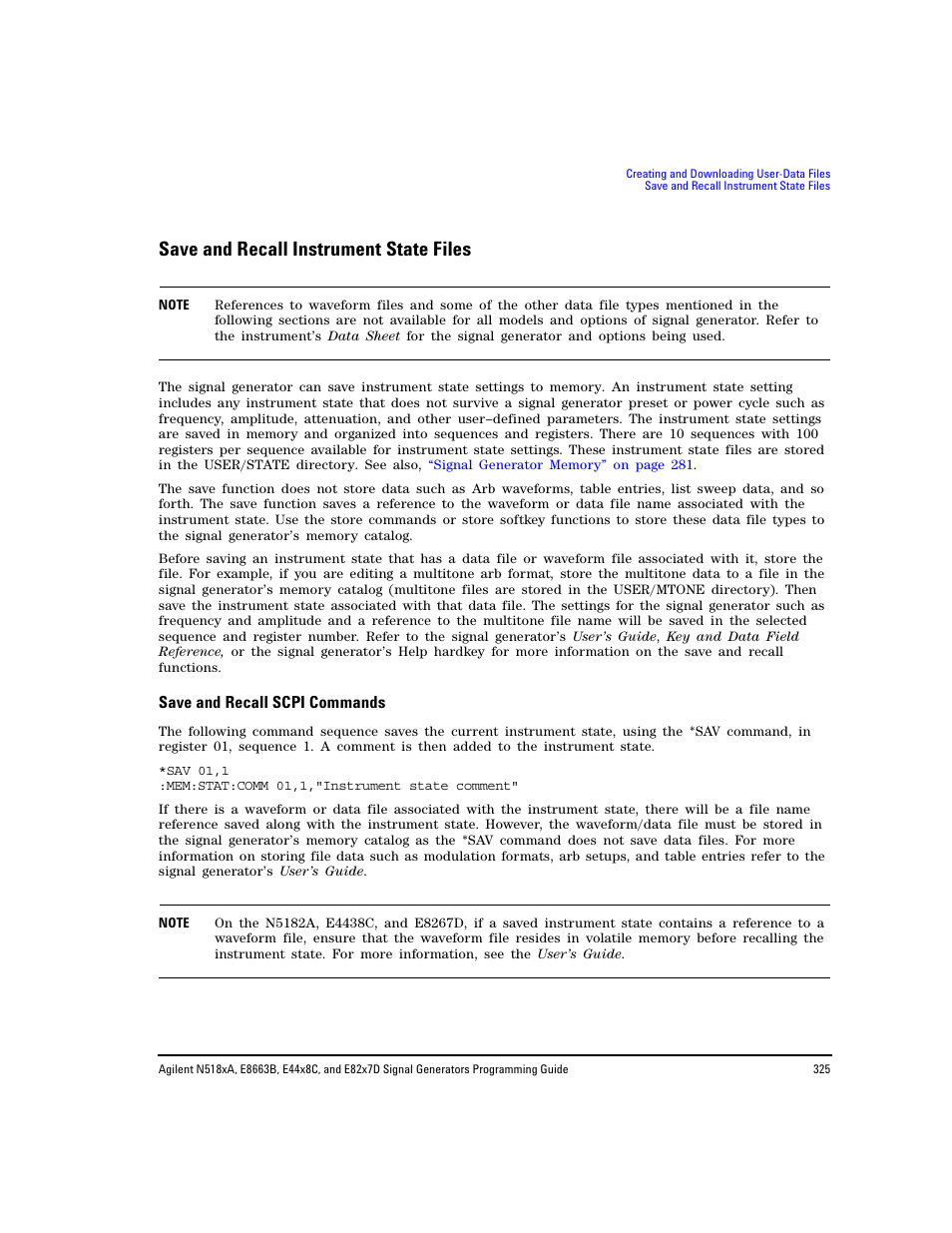 Save and recall instrument state files, Save and recall scpi commands | Agilent Technologies N5183A MXG User Manual | Page 335 / 366