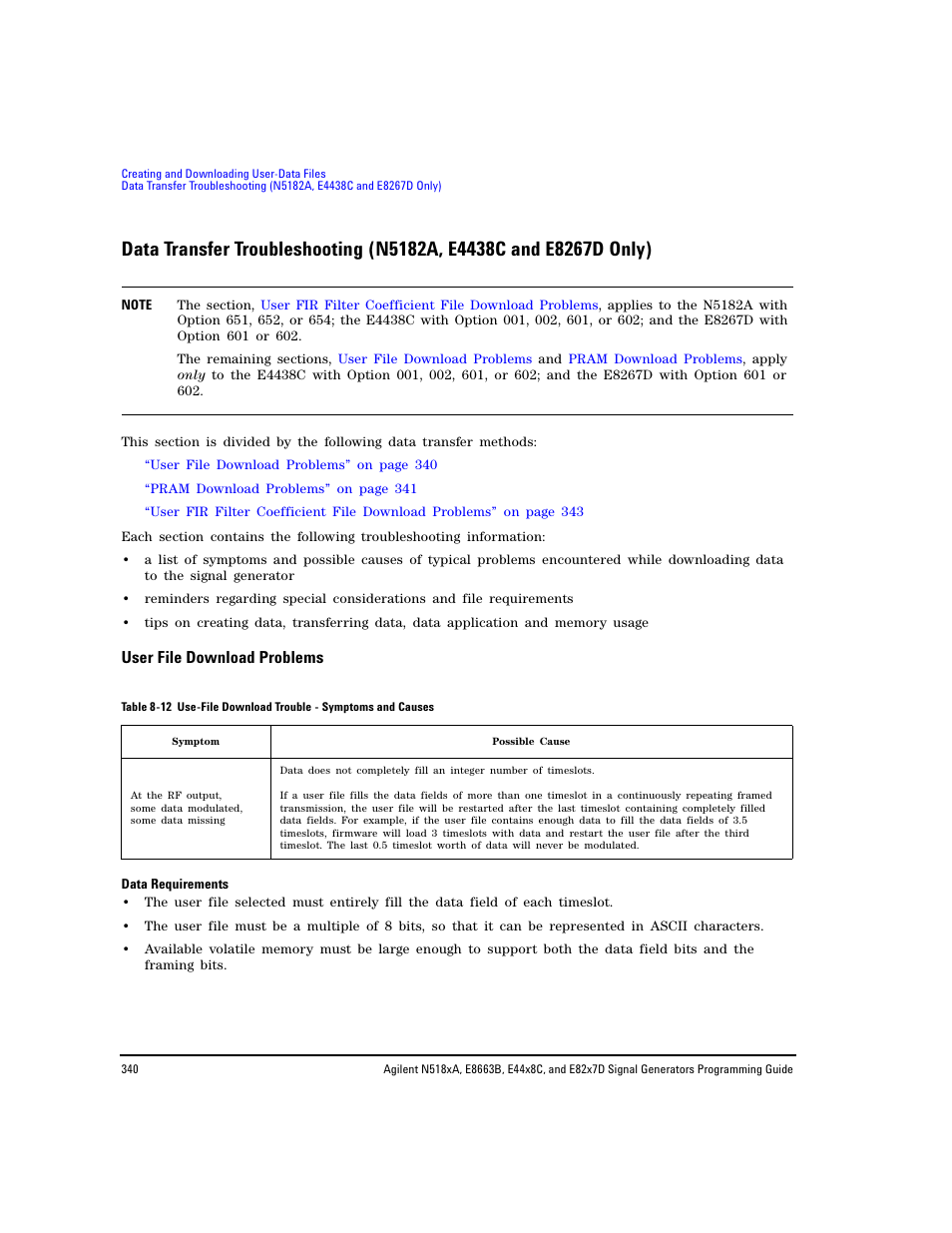 User file download problems, Data transfer troubleshooting | Agilent Technologies N5183A MXG User Manual | Page 350 / 366