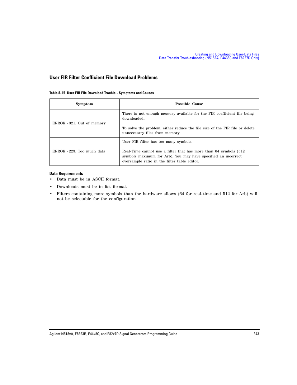 User fir filter coefficient file download problems | Agilent Technologies N5183A MXG User Manual | Page 353 / 366