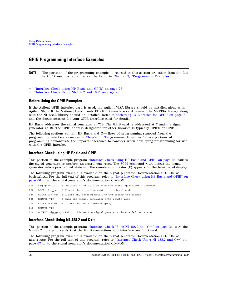 Gpib programming interface examples, Before using the gpib examples, Interface check using hp basic and gpib | Interface check using ni-488.2 and c, Interface check using ni- 488.2 and c | Agilent Technologies N5183A MXG User Manual | Page 36 / 366