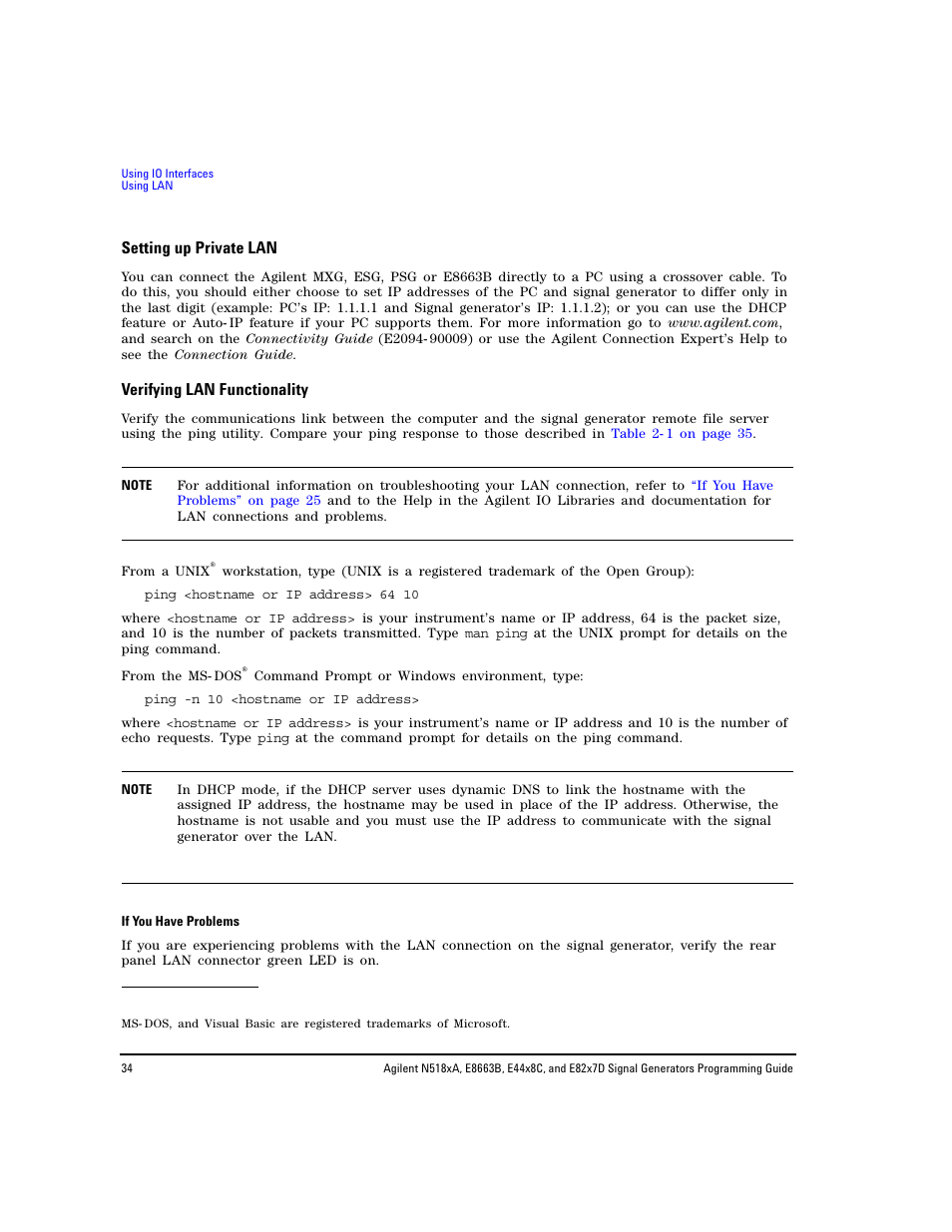 Setting up private lan, Verifying lan functionality | Agilent Technologies N5183A MXG User Manual | Page 44 / 366