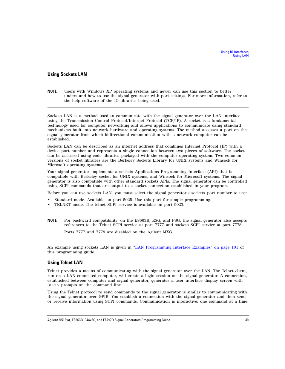 Using sockets lan, Using telnet lan | Agilent Technologies N5183A MXG User Manual | Page 49 / 366