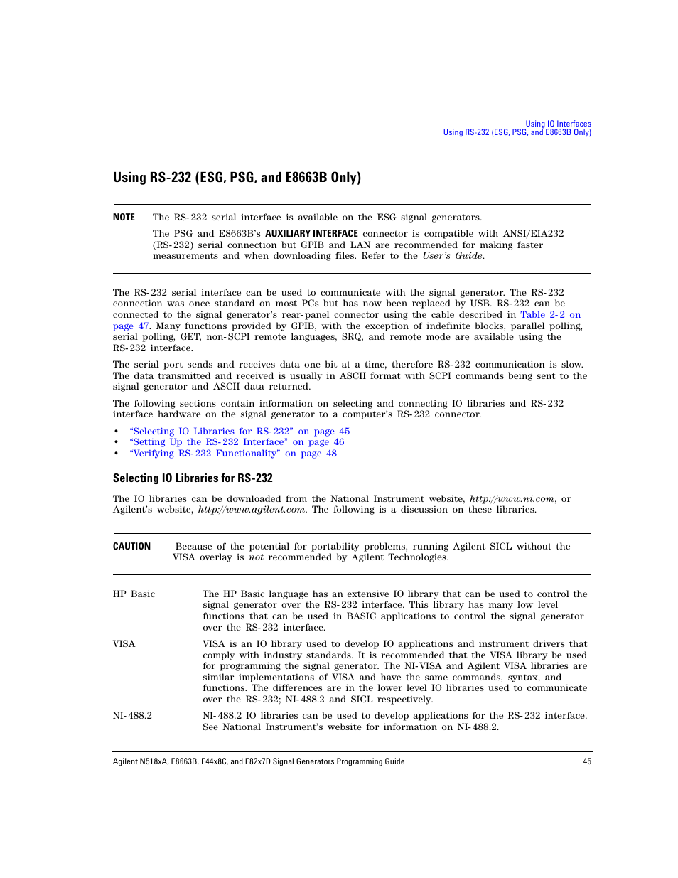 Using rs-232 (esg, psg, and e8663b only), Selecting io libraries for rs-232, Using rs- 232 (esg, psg, and e8663b only) | Selecting io libraries for rs- 232 | Agilent Technologies N5183A MXG User Manual | Page 55 / 366