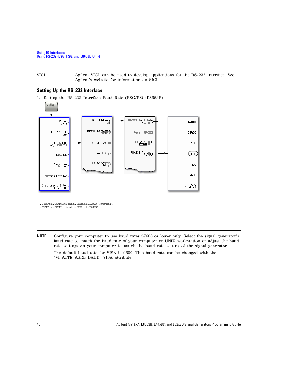 Setting up the rs-232 interface, Setting up the rs- 232 interface | Agilent Technologies N5183A MXG User Manual | Page 56 / 366