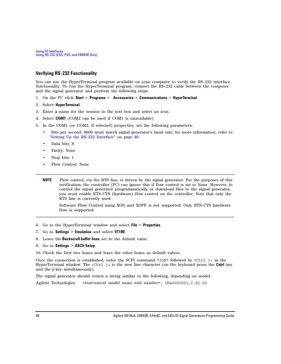 Verifying rs-232 functionality, Verifying rs- 232 functionality | Agilent Technologies N5183A MXG User Manual | Page 58 / 366