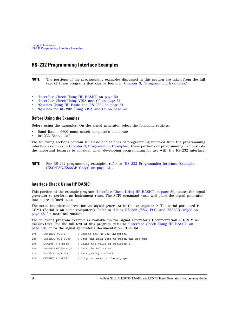 Rs-232 programming interface examples, Before using the examples, Interface check using hp basic | Rs- 232 programming interface examples | Agilent Technologies N5183A MXG User Manual | Page 60 / 366