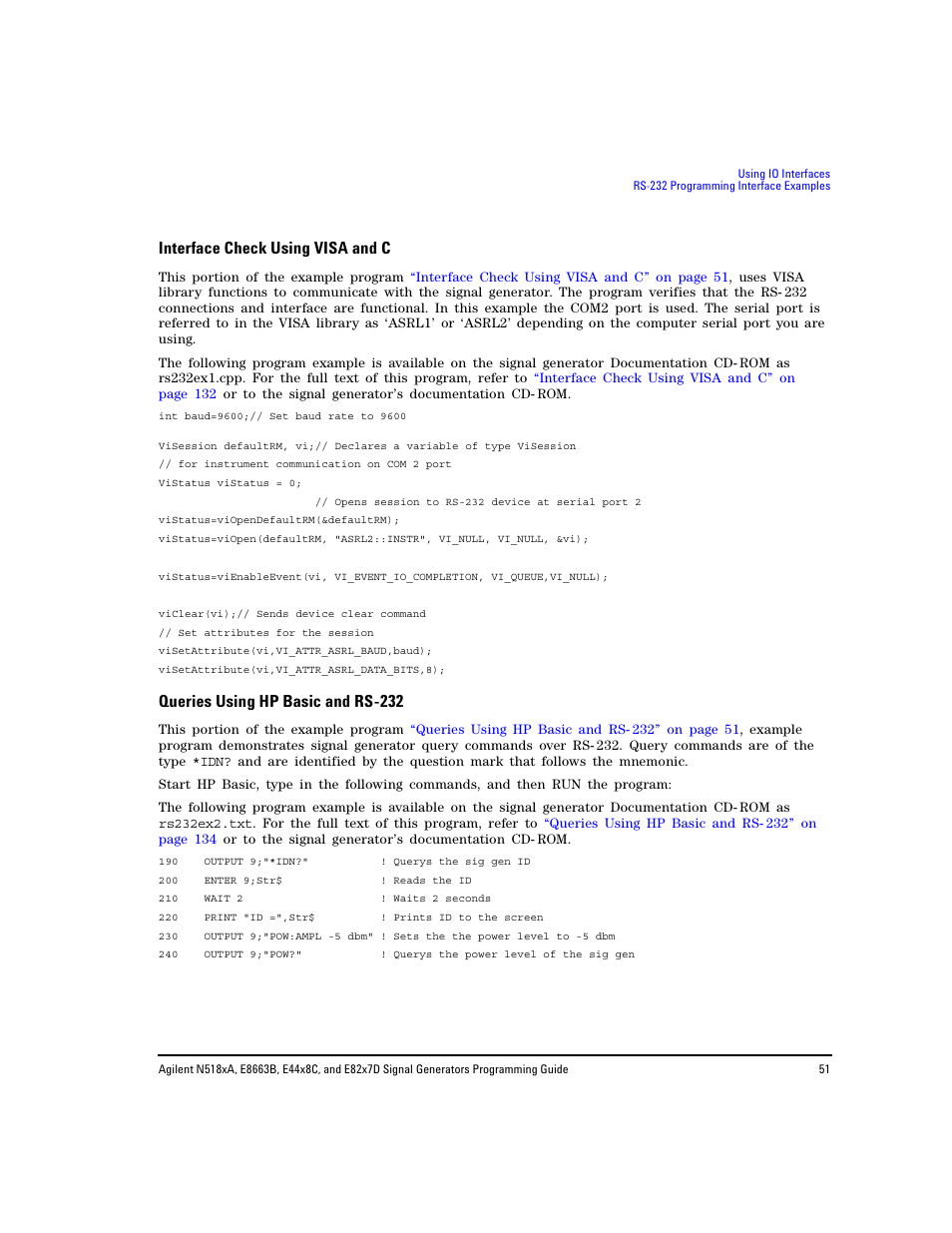 Interface check using visa and c, Queries using hp basic and rs-232, Queries using hp basic and rs- 232 | Agilent Technologies N5183A MXG User Manual | Page 61 / 366