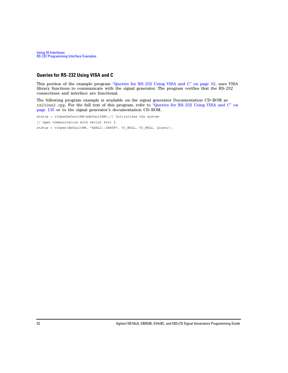 Queries for rs-232 using visa and c, Queries for rs- 232 using visa and c | Agilent Technologies N5183A MXG User Manual | Page 62 / 366