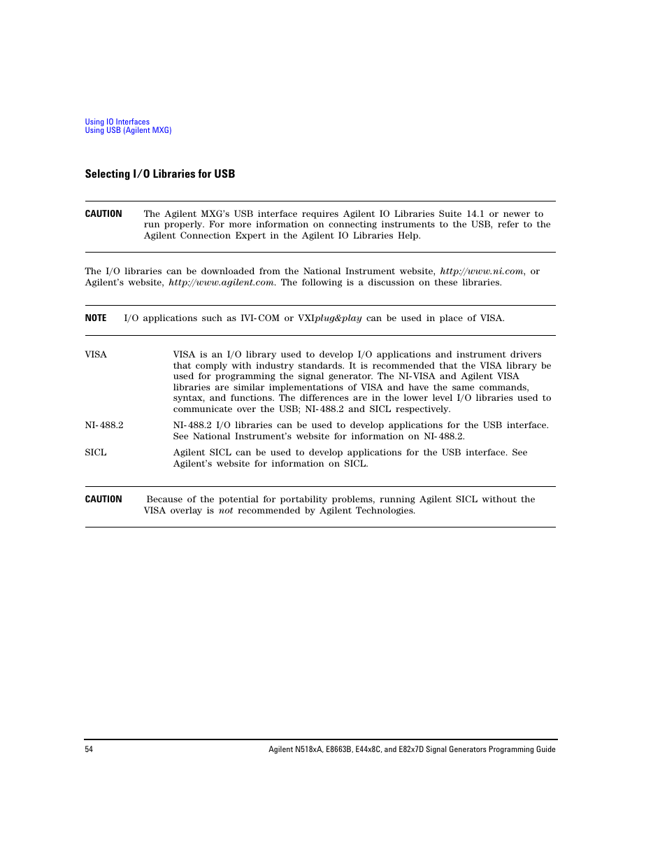 Selecting i/o libraries for usb | Agilent Technologies N5183A MXG User Manual | Page 64 / 366