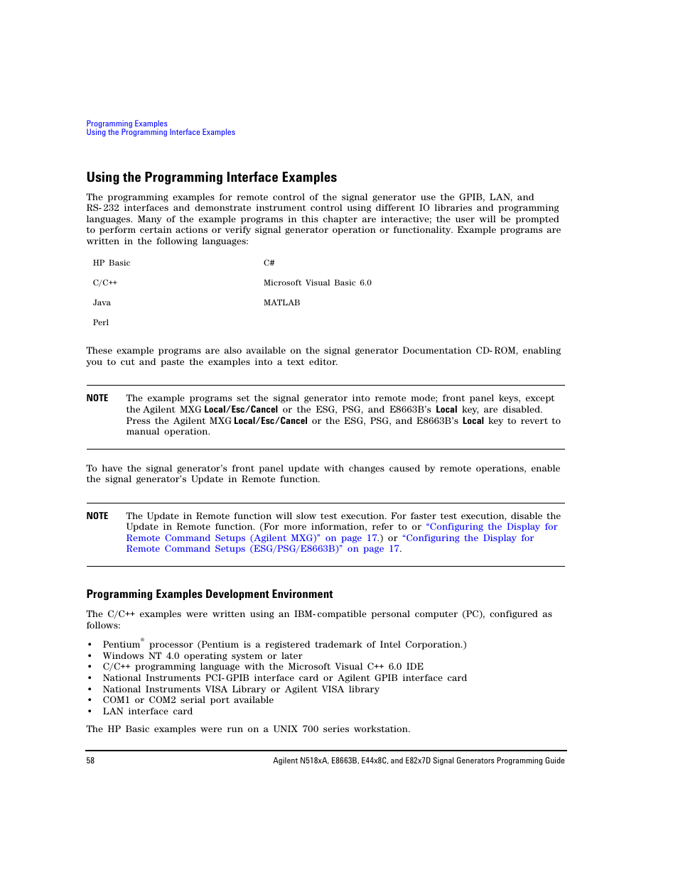 Using the programming interface examples, Programming examples development environment | Agilent Technologies N5183A MXG User Manual | Page 68 / 366