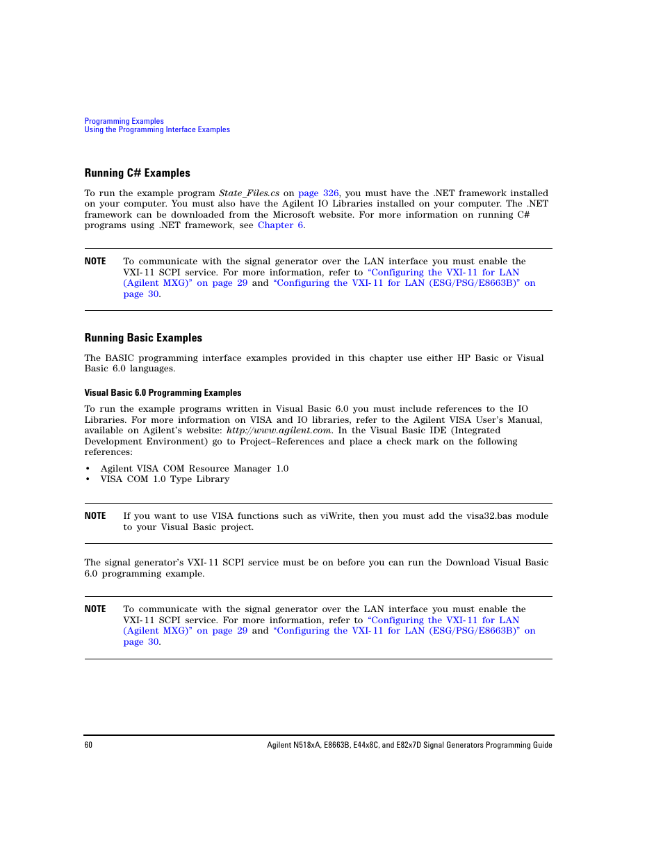 Running c# examples, Running basic examples | Agilent Technologies N5183A MXG User Manual | Page 70 / 366