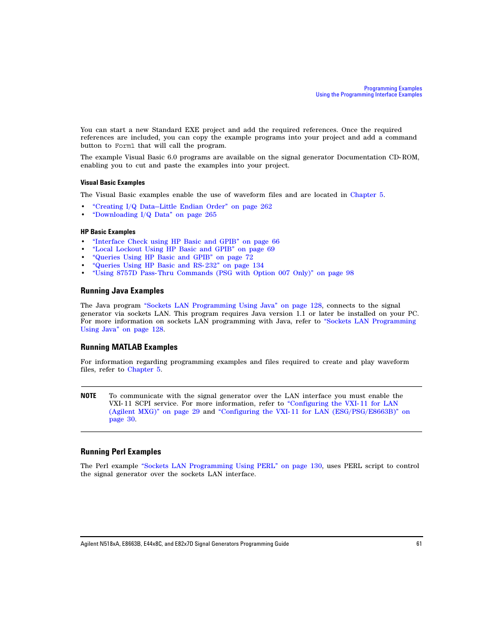 Running java examples, Running matlab examples, Running perl examples | Agilent Technologies N5183A MXG User Manual | Page 71 / 366