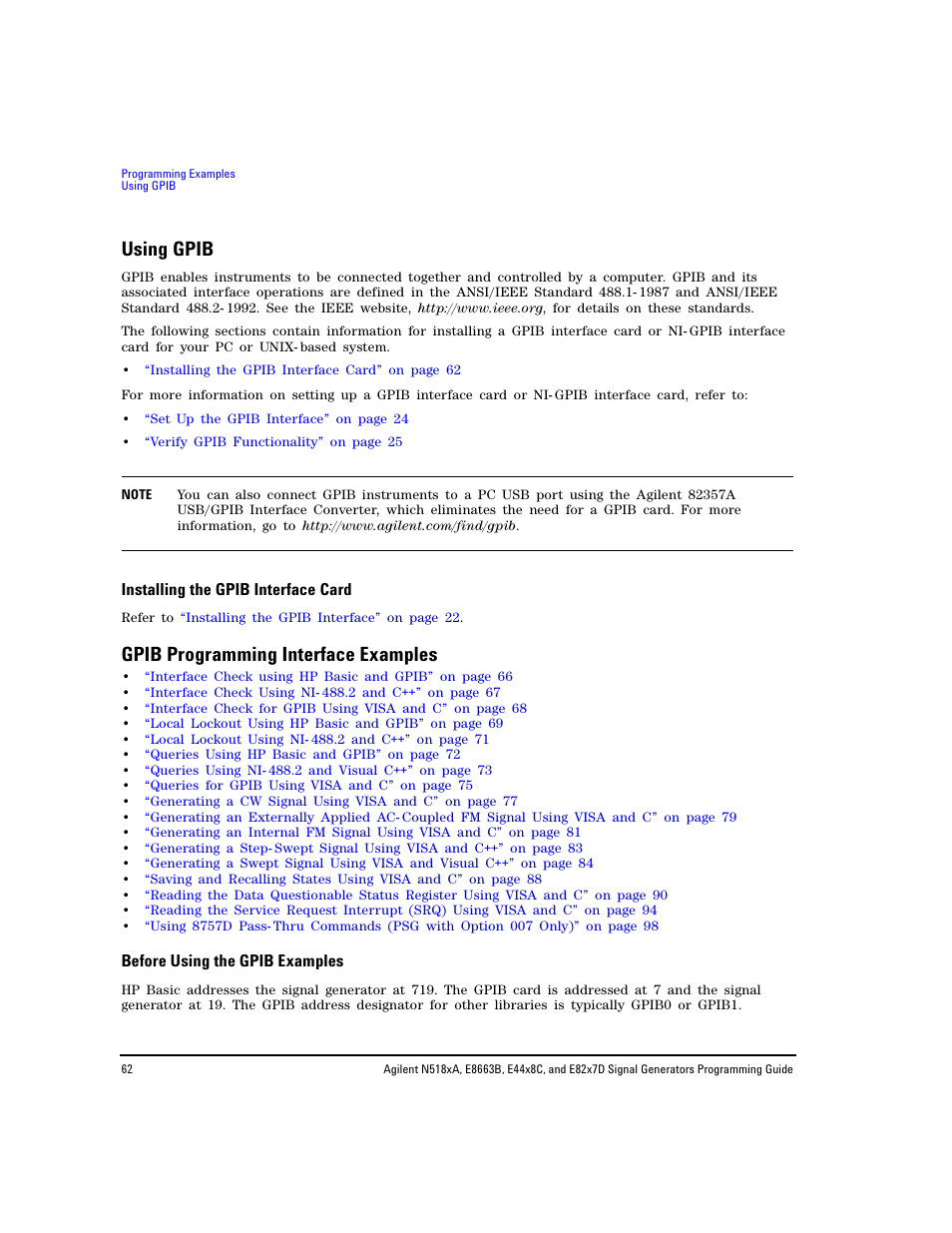 Using gpib, Installing the gpib interface card, Gpib programming interface examples | Before using the gpib examples | Agilent Technologies N5183A MXG User Manual | Page 72 / 366