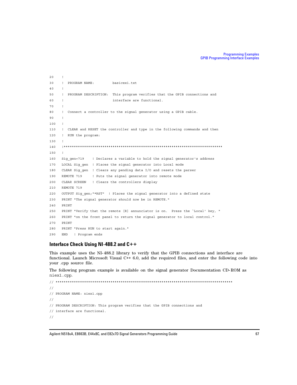 Interface check using ni-488.2 and c, Interface check using ni- 488.2 and c, Interface check using ni- 488.2 and c++” on | Agilent Technologies N5183A MXG User Manual | Page 77 / 366