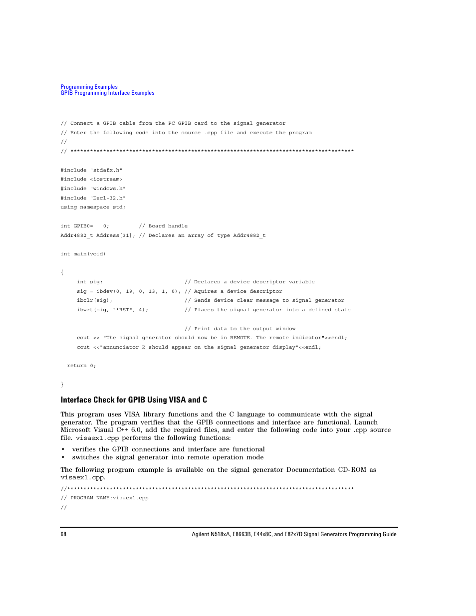 Interface check for gpib using visa and c | Agilent Technologies N5183A MXG User Manual | Page 78 / 366