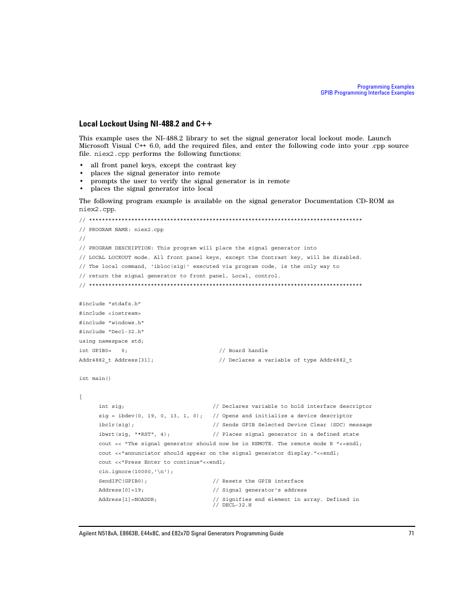 Local lockout using ni-488.2 and c, Local lockout using ni- 488.2 and c | Agilent Technologies N5183A MXG User Manual | Page 81 / 366