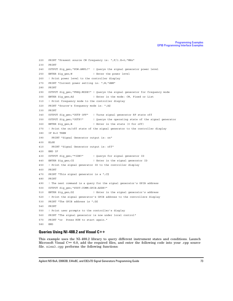 Queries using ni-488.2 and visual c, Queries using ni- 488.2 and visual c | Agilent Technologies N5183A MXG User Manual | Page 83 / 366