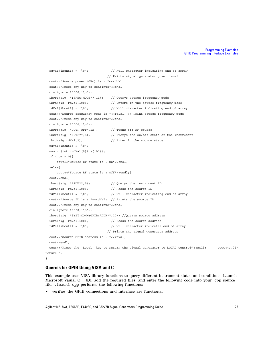 Queries for gpib using visa and c | Agilent Technologies N5183A MXG User Manual | Page 85 / 366