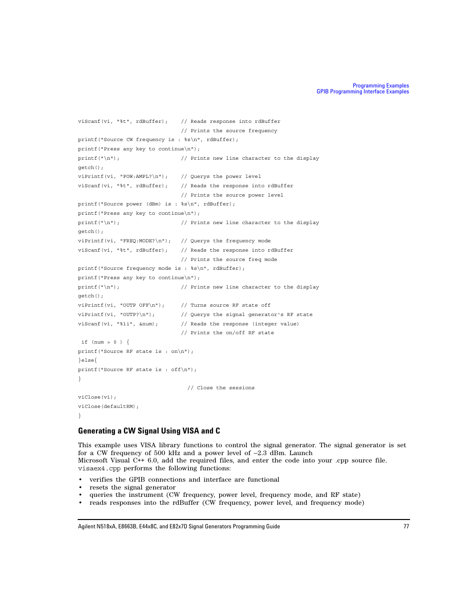 Generating a cw signal using visa and c | Agilent Technologies N5183A MXG User Manual | Page 87 / 366