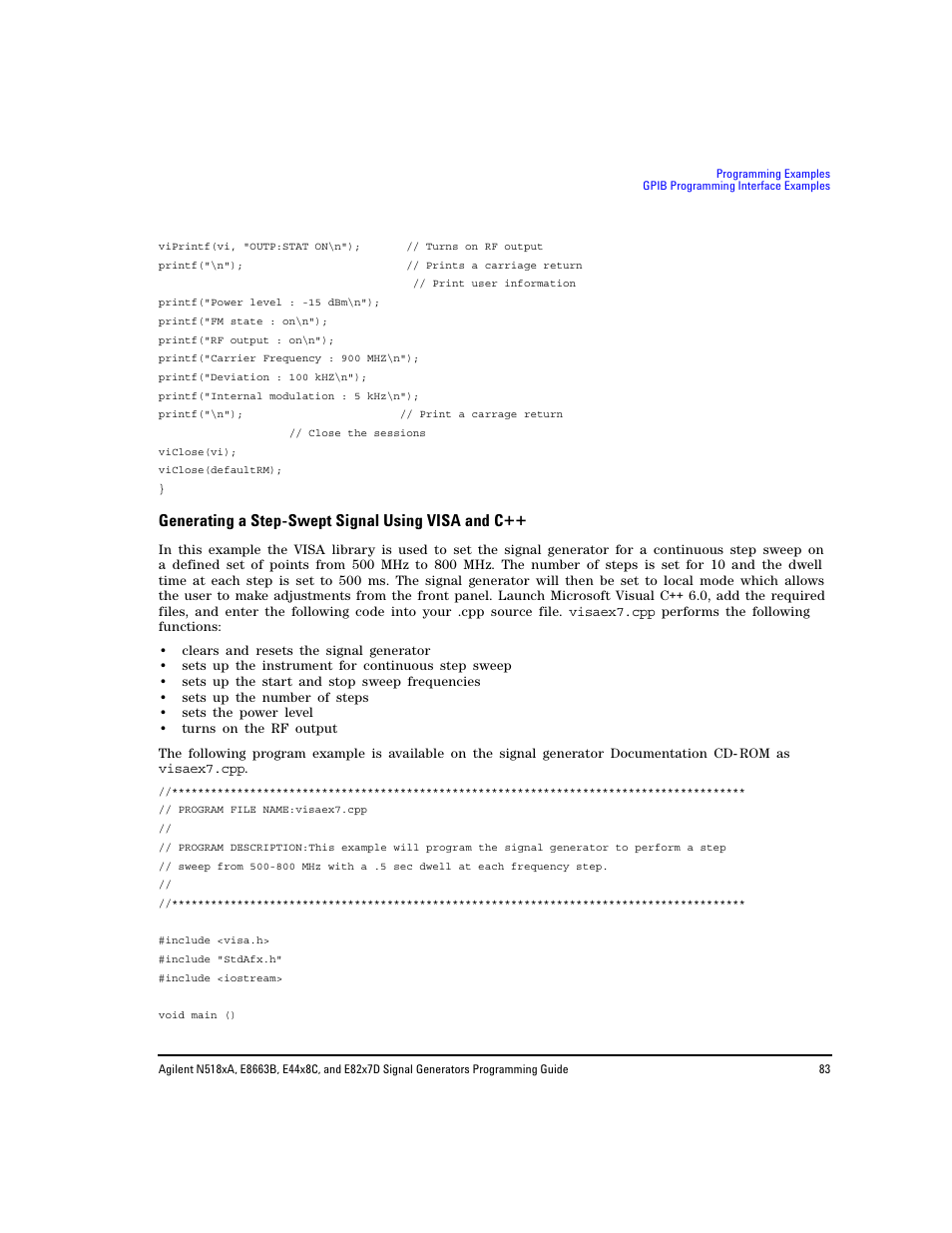 Generating a step-swept signal using visa and c, Generating a step- swept signal using visa and c | Agilent Technologies N5183A MXG User Manual | Page 93 / 366