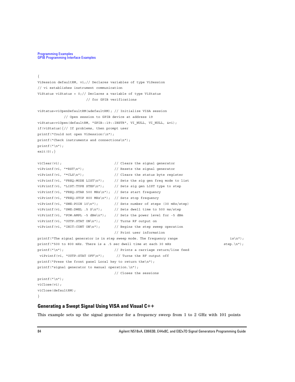 Generating a swept signal using visa and visual c | Agilent Technologies N5183A MXG User Manual | Page 94 / 366